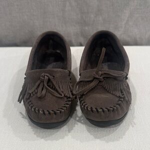 Minnetonka Dark Grey Suede Fringe Moccasins